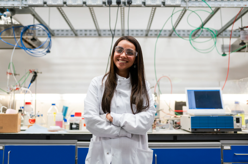 Woman in clinical lab, Leica microscopes